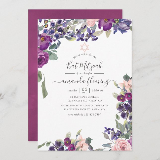 Violet, Plum and Blush Floral Bat Mitzvah Invitation (Front/Back)