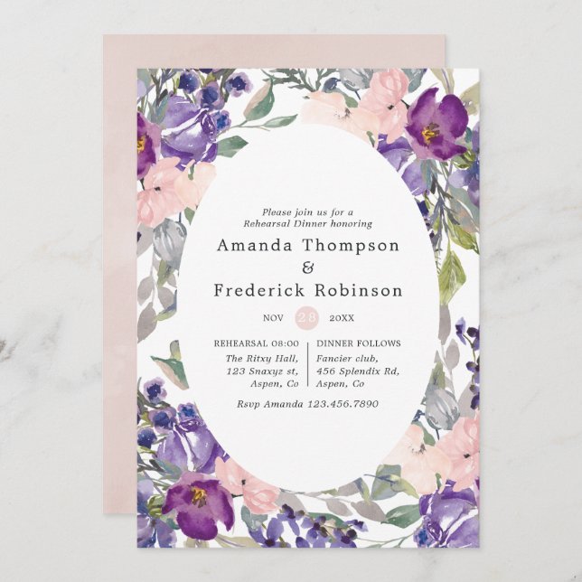 Violet, Plum and Blush Floral Rehearsal Dinner Invitation (Front/Back)