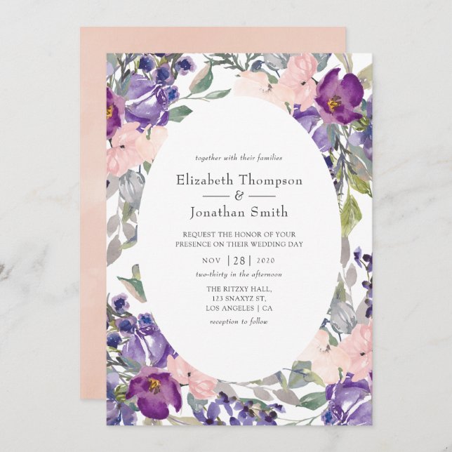 Violet, Plum and Blush Floral Wedding Invitation (Front/Back)