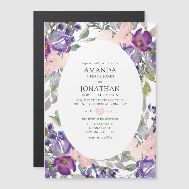 Violet, Plum and Blush Floral Wedding Magnetic Invitation (Front/Back)