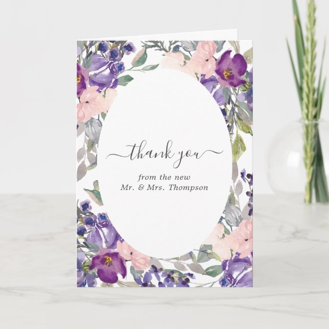 Violet, Plum and Blush Floral Wedding Photo Thank You Card (Front)