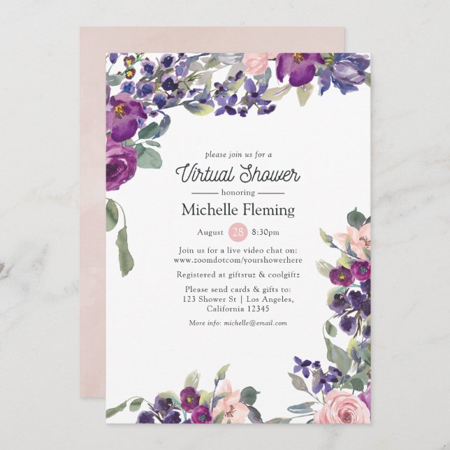 Violet, Plum & Blush Virtual Baby or Bridal Shower Invitation (Front/Back)
