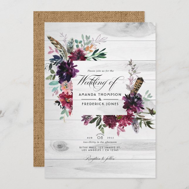 Violet Plum Floral QR Code RSVP Bohemian Wedding Invitation (Front/Back)