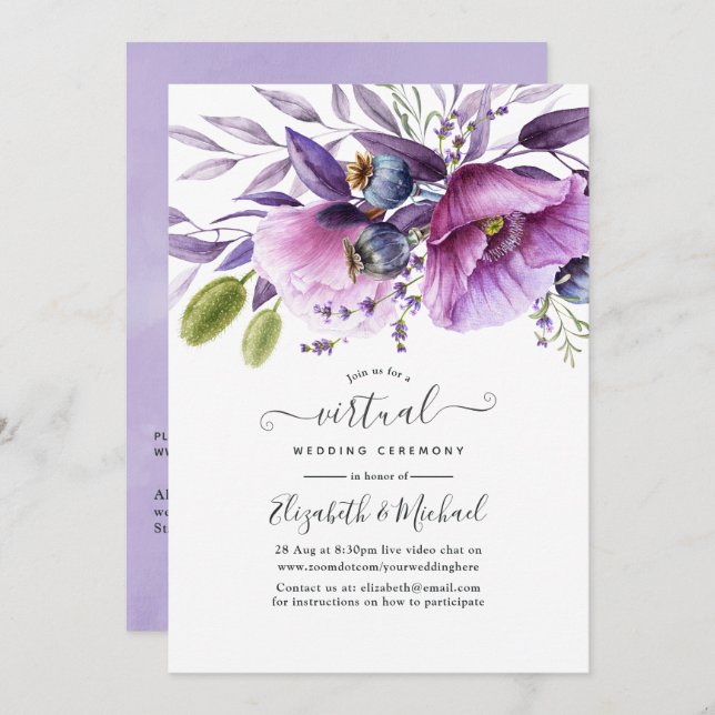 Violet Poppy Floral Online Virtual Wedding Invitation (Front/Back)