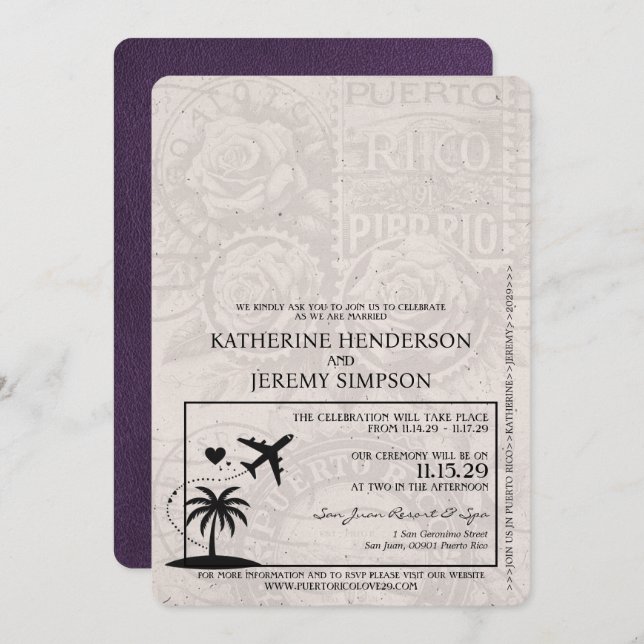 Violet Puerto Rico Passport Wedding Invitation (Front/Back)
