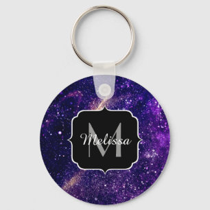 Violet purple abstract galaxy Custom Monogram Key Ring