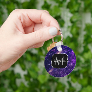 Violet purple abstract galaxy Custom Monogram Key Ring