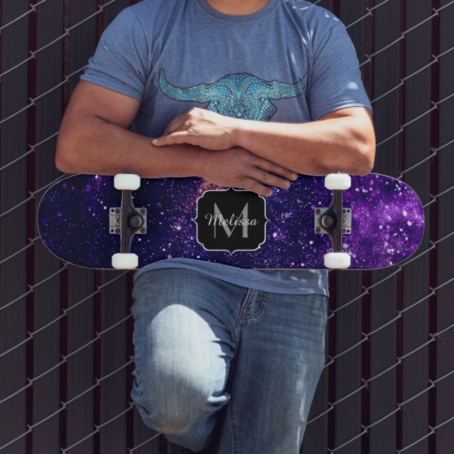 Violet purple abstract galaxy Custom Monogram Skateboard (Outdoor 3)
