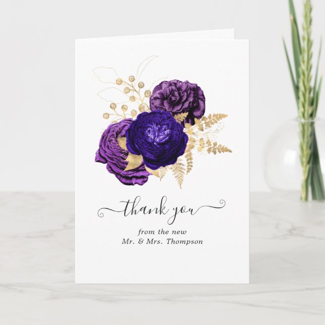 Violet, Purple and Gold Floral Wedding Photo Thank You Card (Front)