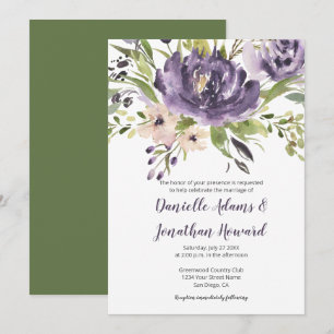 Violet Purple and Green Watercolor Floral Wedding Invitation