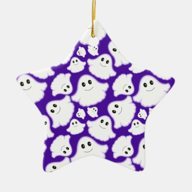 Violet Purple and White Halloween Ghost; Ghosts Ceramic Tree Decoration (Front)