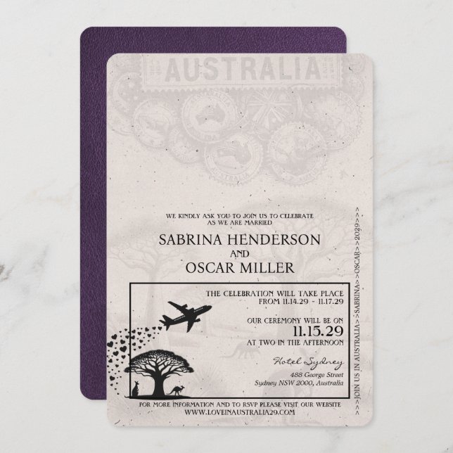 Violet Purple Australia Passport Wedding Invitation (Front/Back)