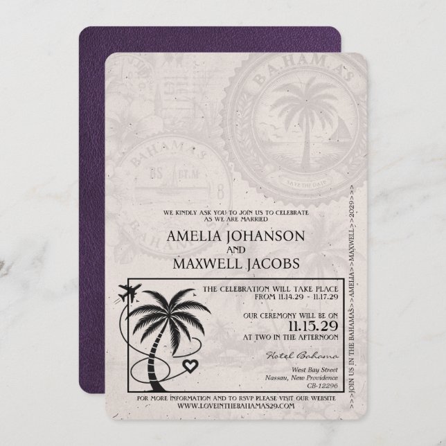 Violet Purple Bahamas Passport Wedding Invitation (Front/Back)