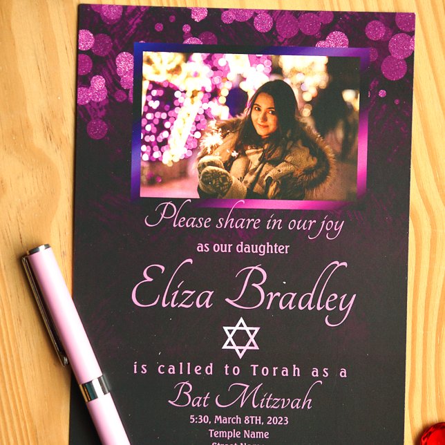 Violet, Purple Bat Mitzvah Invite w/ Star of David (Pink and dark purple bat mitzvah invitation with star of david and photo)