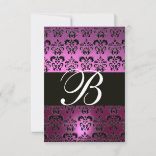 VIOLET PURPLE BLACK DAMASK MONOGRAM RSVP white Card