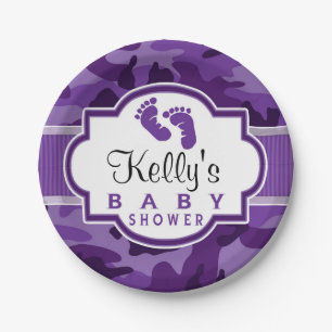 Violet Purple Camo, Camouflage Baby Shower Paper Plate