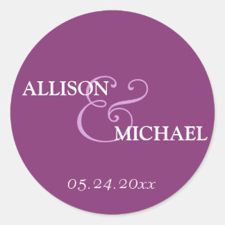 Violet purple custom ampersand wedding favour labe classic round sticker