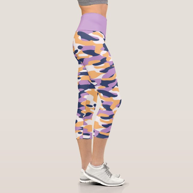 Violet Purple Dark Blue Yellow Camouflage Pattern Capri Leggings (Right)