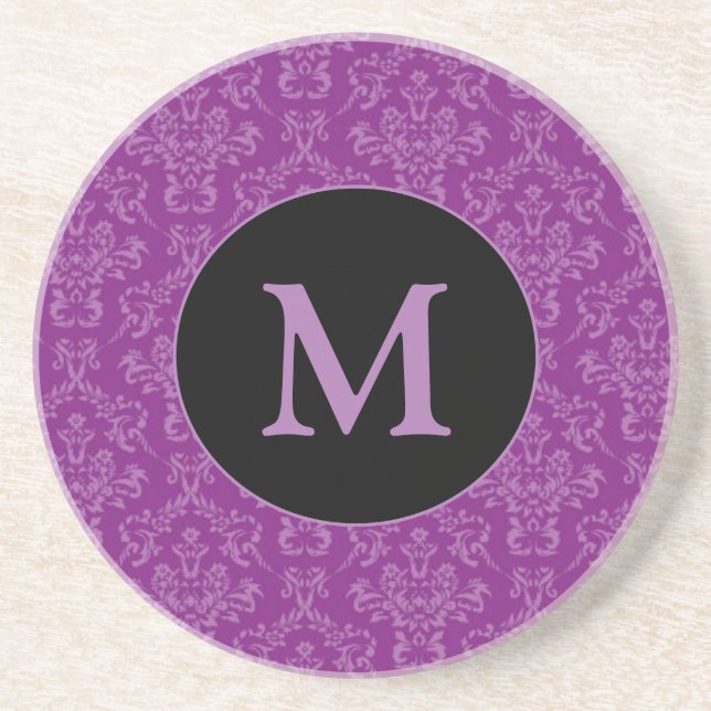 Violet Purple Elegant Vintage Damask Monogram Coaster (Front)