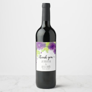 Violet purple ethereal flowers calligraphy wedding wine label