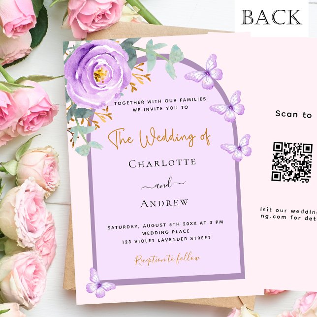 Violet purple floral arch QR RSVP luxury wedding Invitation (Creator Uploaded)