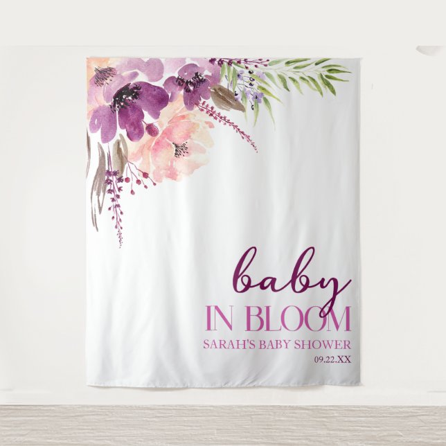 Violet Purple Floral Baby In Bloom Baby Shower Tapestry (Front)