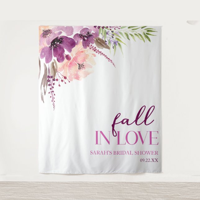 Violet Purple Floral Fall In Love Bridal Shower Tapestry (Front)