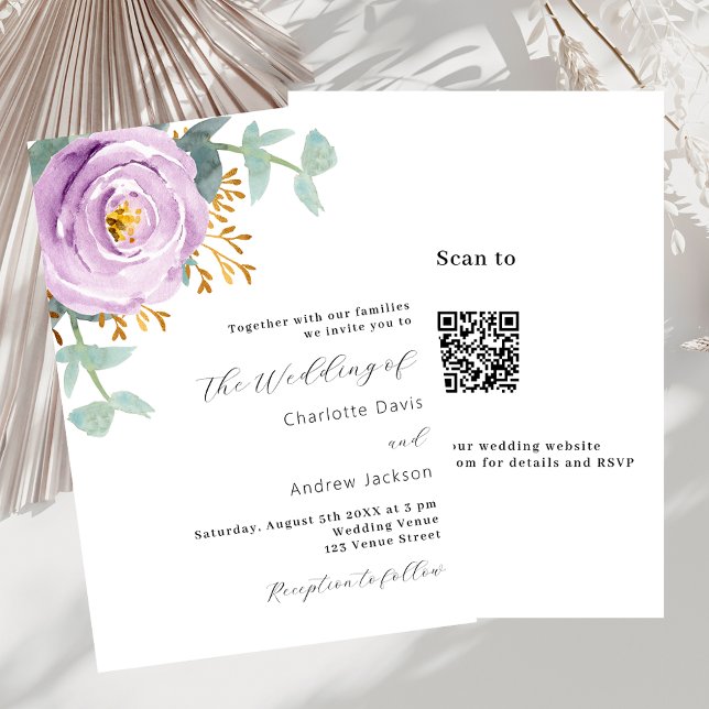 Violet purple floral greenery QR code RSVP wedding Invitation (Creator Uploaded)