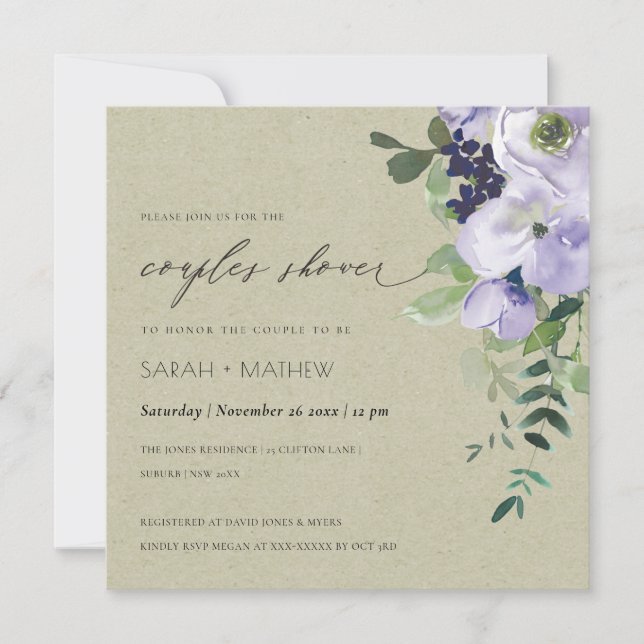 Violet Purple Floral Kraft Couples Shower Invite (Front)
