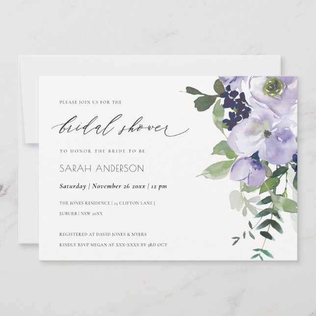 Violet Purple Floral Leafy Bridal Shower Invite (Front)