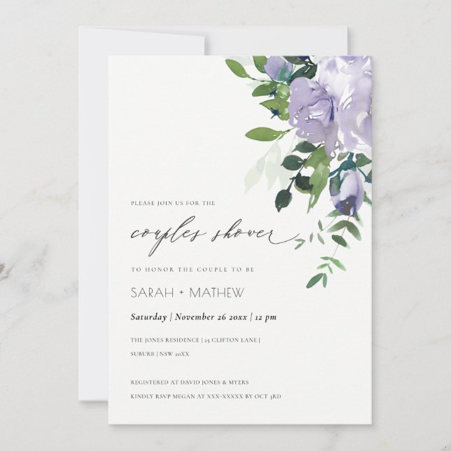 Violet Purple Floral Leafy Couples Shower Invite (Front)