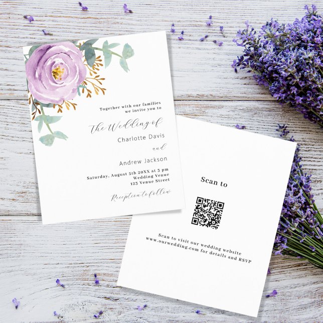 Violet purple floral QR code RSVP budget wedding (Creator Uploaded)