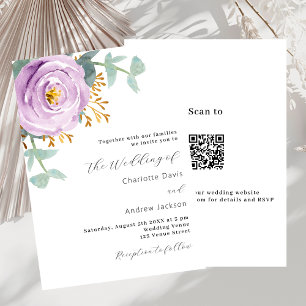 Violet purple floral QR code RSVP luxury wedding Invitation