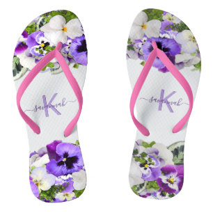 Violet purple florals white monogram name script jandals