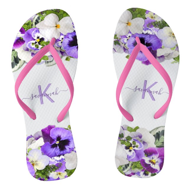 Violet purple florals white monogram name script jandals (Footbed)