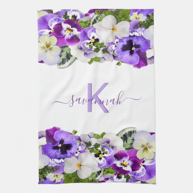 Violet purple florals white monogram name script tea towel (Vertical)