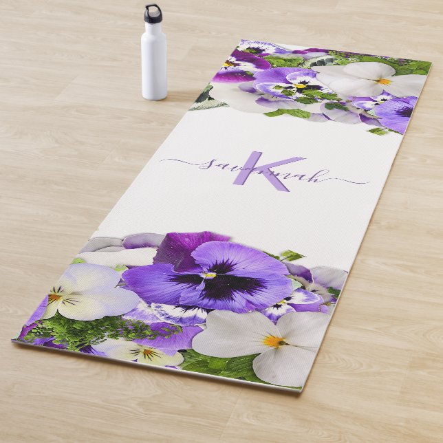 Violet purple florals white monogram name script yoga mat (In Situ)