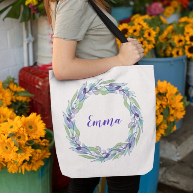 Violet Purple Flowers Floral Personalised Monogram Tote Bag (Creator Uploaded)