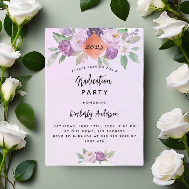 Violet purple flowers graduation party invitation (Creator Uploaded)