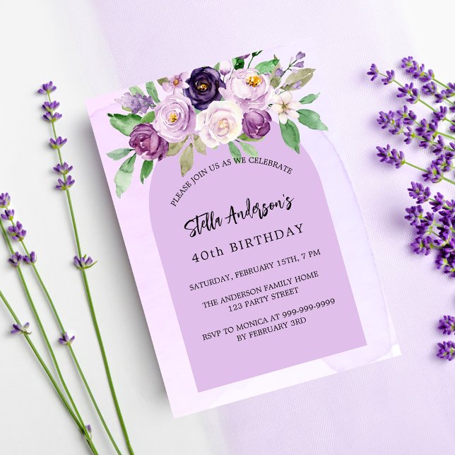 Violet purple flowers greenery arch birthday invitation postcard (Creator Uploaded)