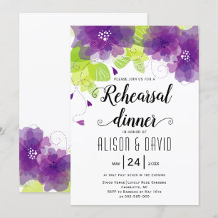 Violet purple flowers wedding rehearsal dinner invitation