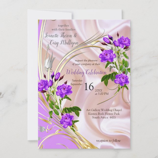 Violet-purple, gold & Rose, Pink, Magenta Silk Invitation (Front)