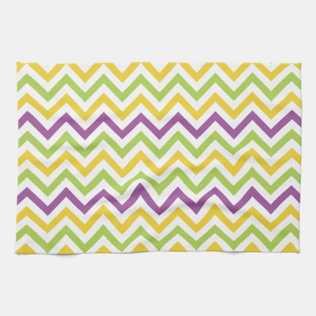 Violet Purple, Green, and Yellow Chevron Stripes Tea Towel (Horizontal)