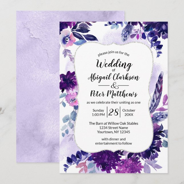 Violet Purple Lavender Floral Watercolor Wedding Invitation (Front/Back)
