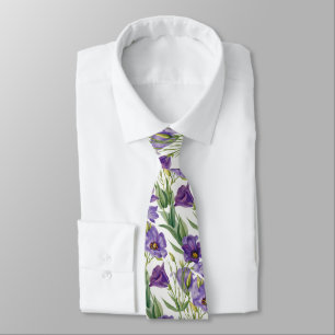 Violet Purple Lilac Bellflowers & Green Leaves Tie