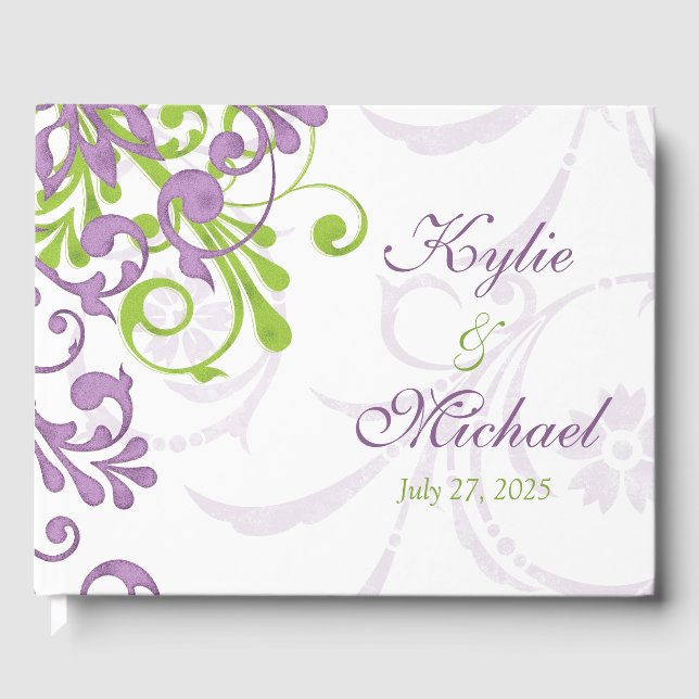 Violet Purple Lime Green Floral Wedding Guest Book (Front)