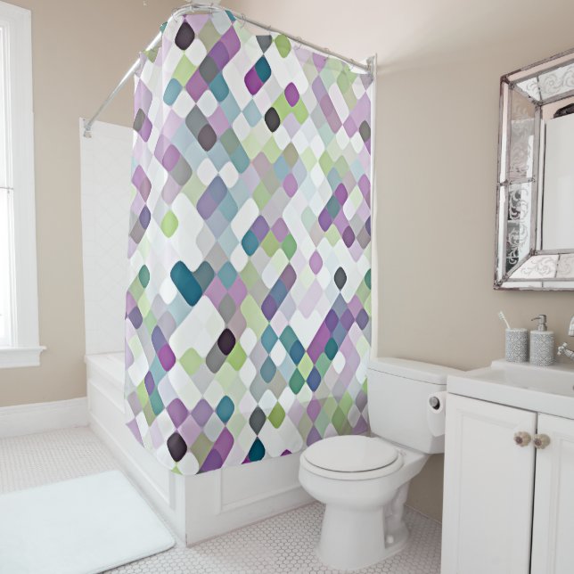Violet Purple Lime Green Retro Round Squares Art Shower Curtain (In Situ)
