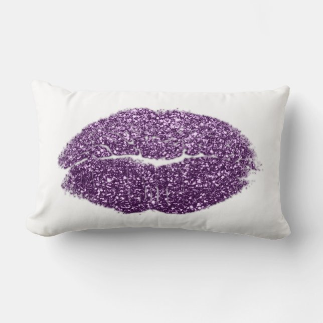Violet Purple Lips Glitter White Makeup Kiss Lumbar Cushion (Front)