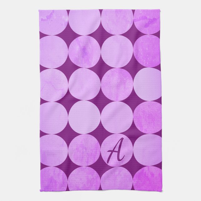 Violet, Purple Magenta & Pink Circles Monogram Tea Towel (Vertical)