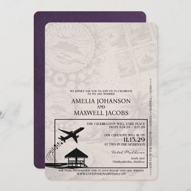 Violet Purple Maldives Passport Wedding Invitation (Front/Back)